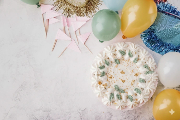 Gâteau d’anniversaire blanc décoré de crème, feuilles vertes et paillettes dorées, entouré de ballons pastel et décorations de fête.