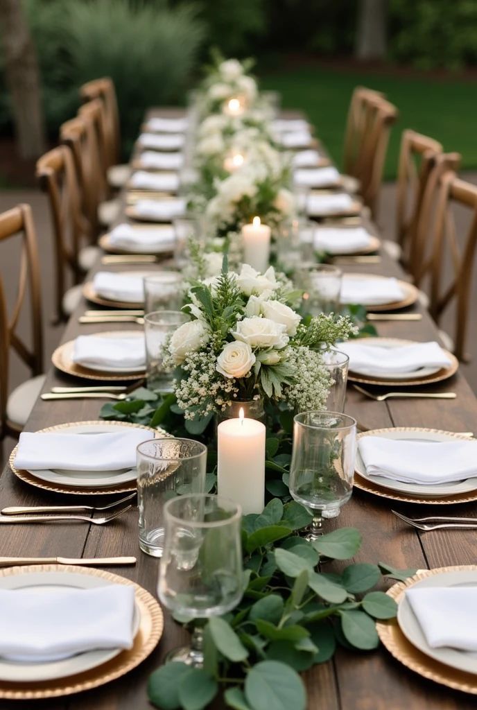 décoration mariage vert sauge, table mariage beige, centre de table floral blanc, mariage champêtre chic, décoration mariage naturel, table mariage élégante, inspiration mariage extérieur, bougies mariage romantique, déco mariage eucalyptus, mariage minimaliste chic